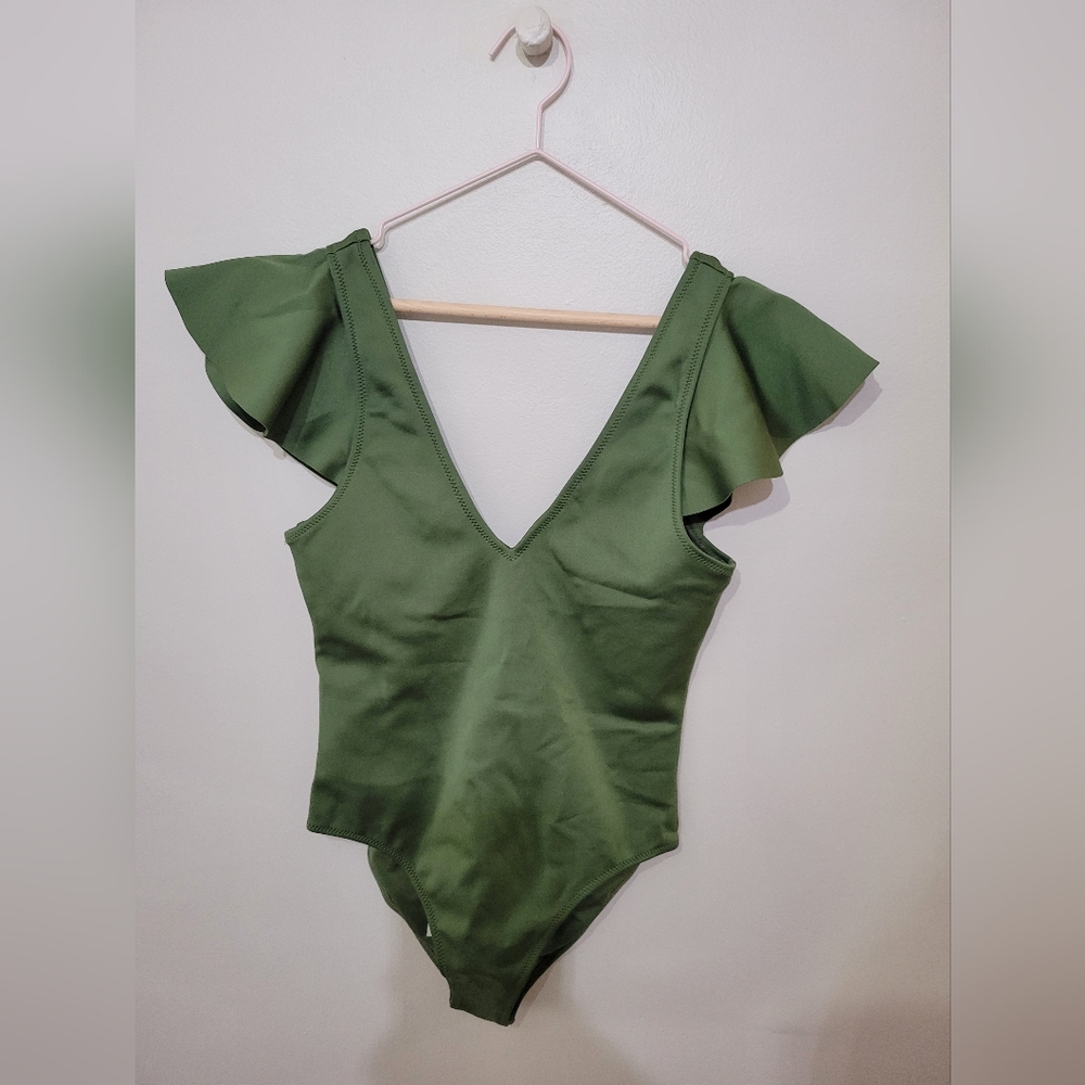 10 Crosby Derek Lam Green Ruffle One-Piece Swimsuit